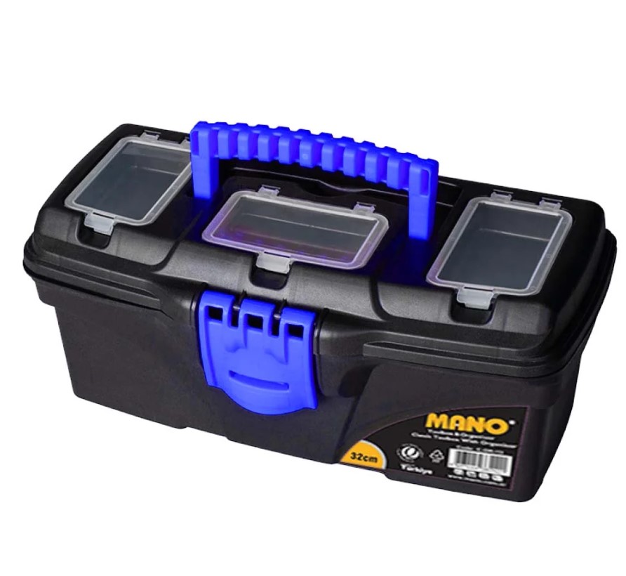 Black Plastic Tool Box With Top Compartments, 13-inch Size (320×165×135 Mm), Mano Brand, Made In Turkey.