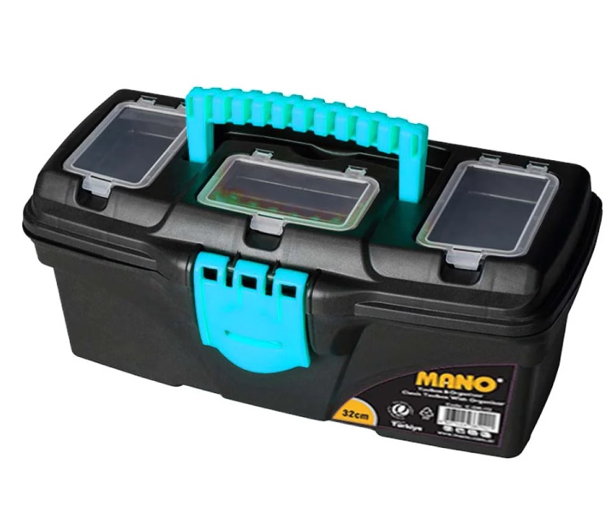 Black Plastic Tool Box With Top Compartments, 13-inch Size (320×165×135 Mm), Mano Brand, Made In Turkey.