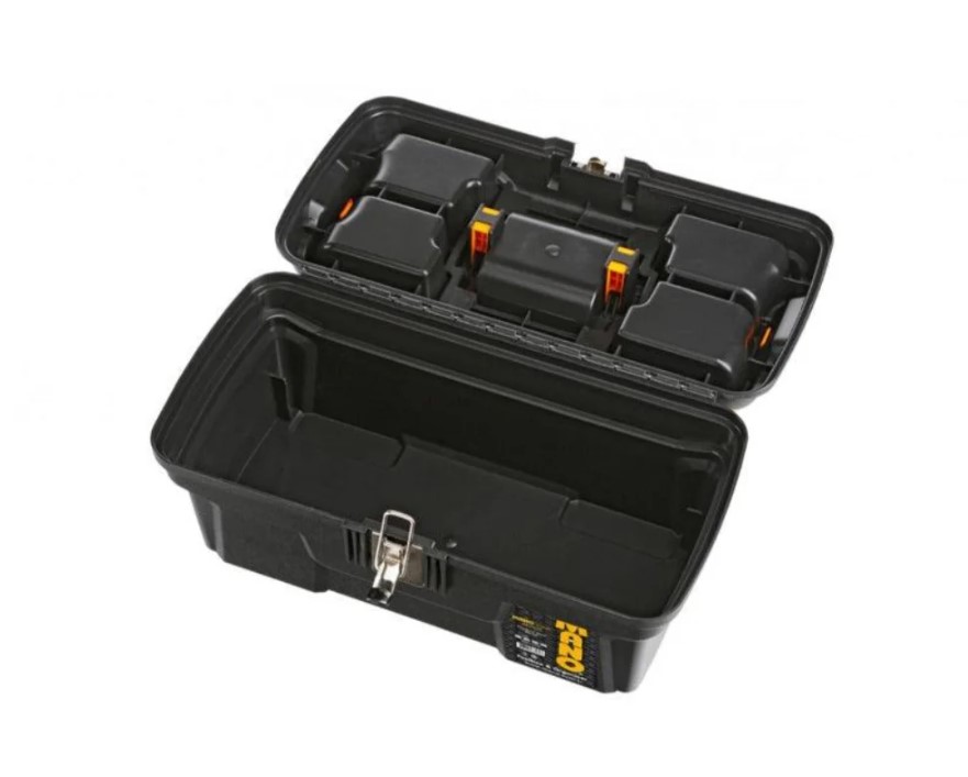 Heavy-duty Plastic Tool Box With Metal Latch And Top Compartments, 16-inch Size (239×434×194 Mm), Mano Brand, Made In Turkey.