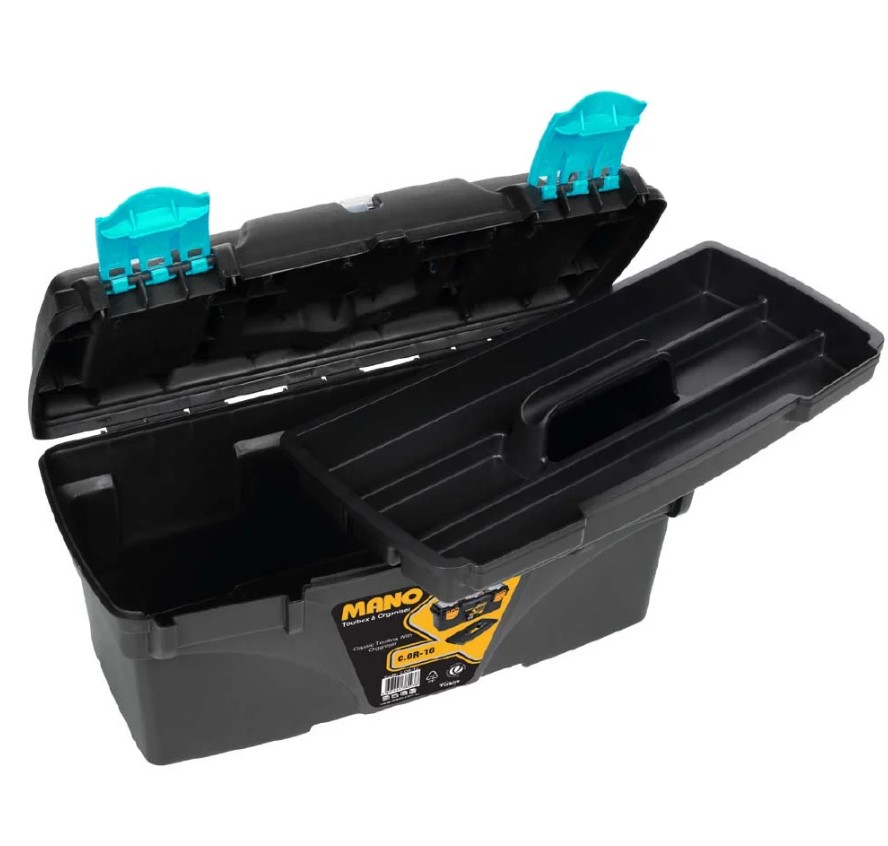 Black Plastic Tool Box With Top Compartments, 16-inch Size (410×206×192 Mm), Mano Brand, Made In Turkey.