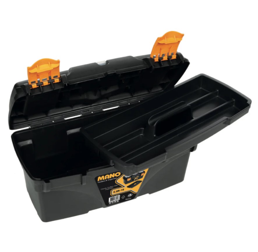 Black Plastic Tool Box With Top Compartments, 16-inch Size (410×206×192 Mm), Mano Brand, Made In Turkey.