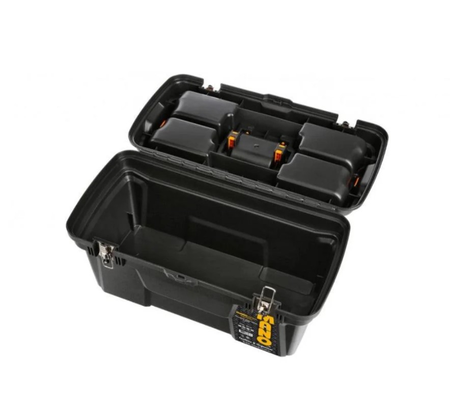 Heavy-duty Plastic Tool Box With Metal Latch And Top Compartments, 22-inch Size (310×582×234 Mm), Mano Brand, Made In Turkey.