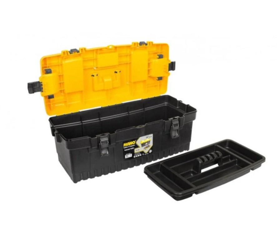 Plastic Tool Box With Plastic Lock And Top Compartments, 26 Inches, Size 710×315×290 Mm, Brand: Mano, Made In Turkey.