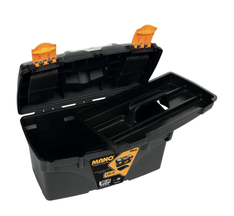 Black Plastic Tool Box With Top Compartments, 18 Inches, Size 432×251×236 Mm, Brand: Mano, Made In Turkey