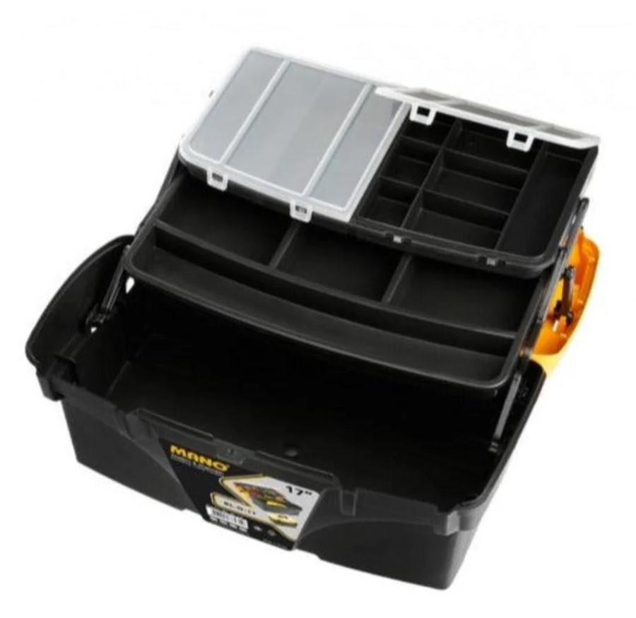 شنطة عدة بلاستيك بحوافظ علوية وادراج داخلية متحركة 17 بوصة لون اصفر مقاس 434×250×238 مم ماركة مانو صناعة تركي