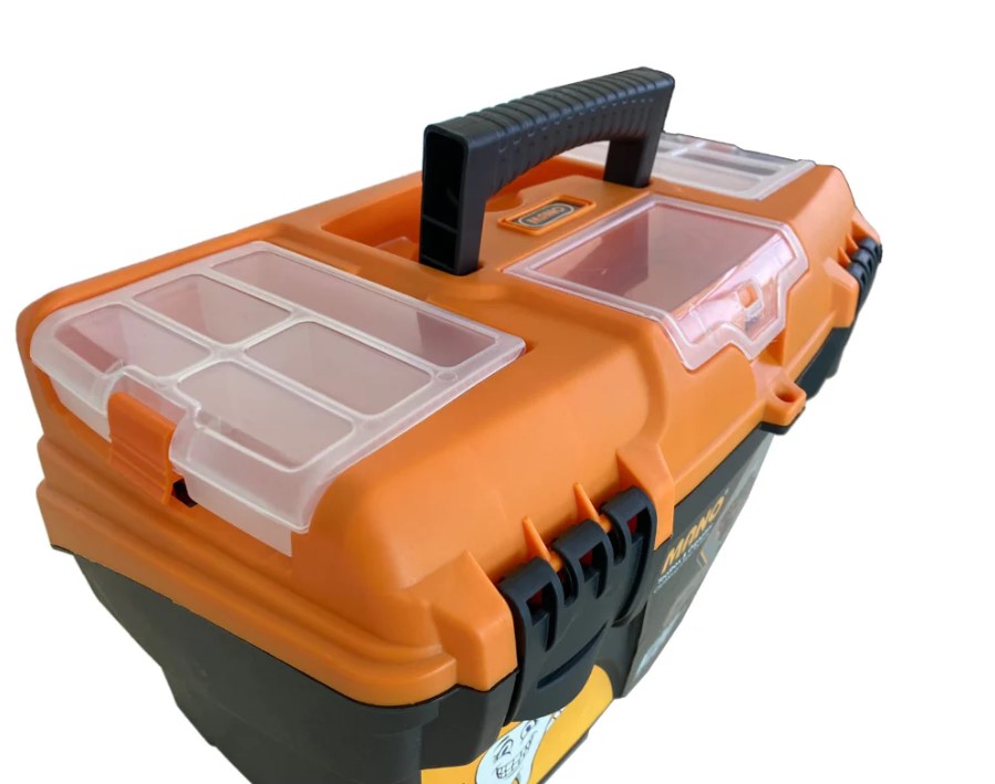 Yellow Plastic Tool Box With Top Compartments And Movable Inner Drawers, 17 Inches, Size 434×250×238 Mm, Brand: Mano, Made In Turkey