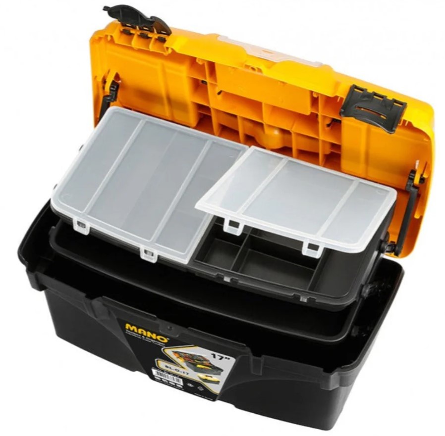 Yellow Plastic Tool Box With Top Compartments And Movable Inner Drawers, 17 Inches, Size 434×250×238 Mm, Brand: Mano, Made In Turkey