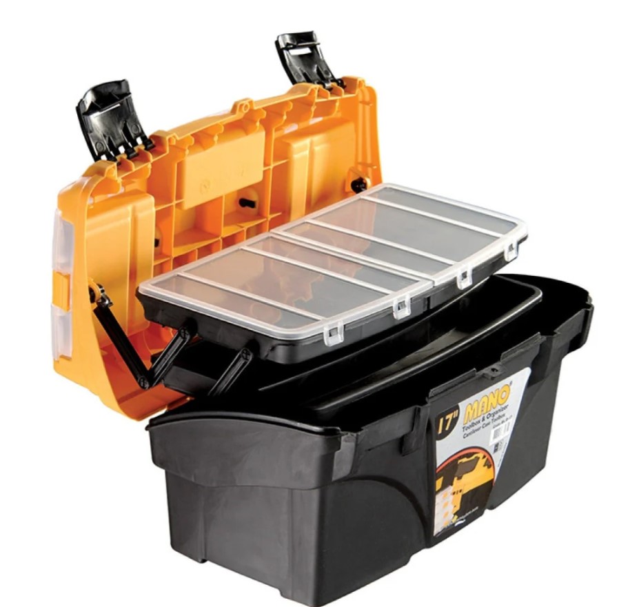 Yellow Plastic Tool Box With Top Compartments And Movable Inner Drawers, 17 Inches, Size 434×250×238 Mm, Brand: Mano, Made In Turkey