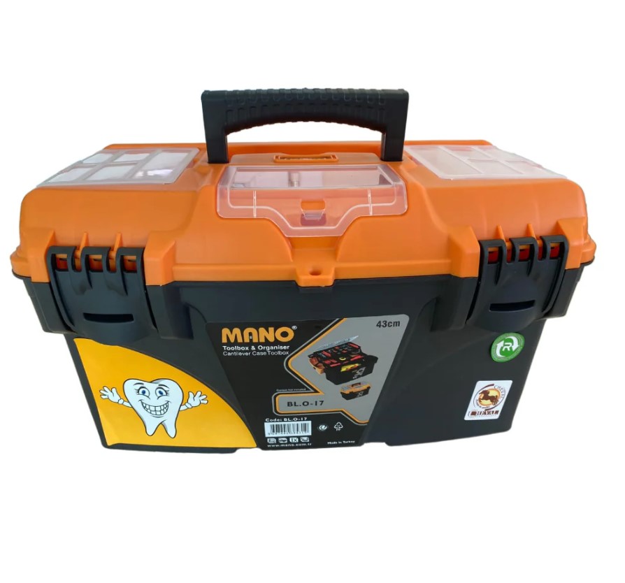 شنطة عدة بلاستيك بحوافظ علوية وادراج داخلية متحركة 17 بوصة لون اصفر مقاس 434×250×238 مم ماركة مانو صناعة تركي