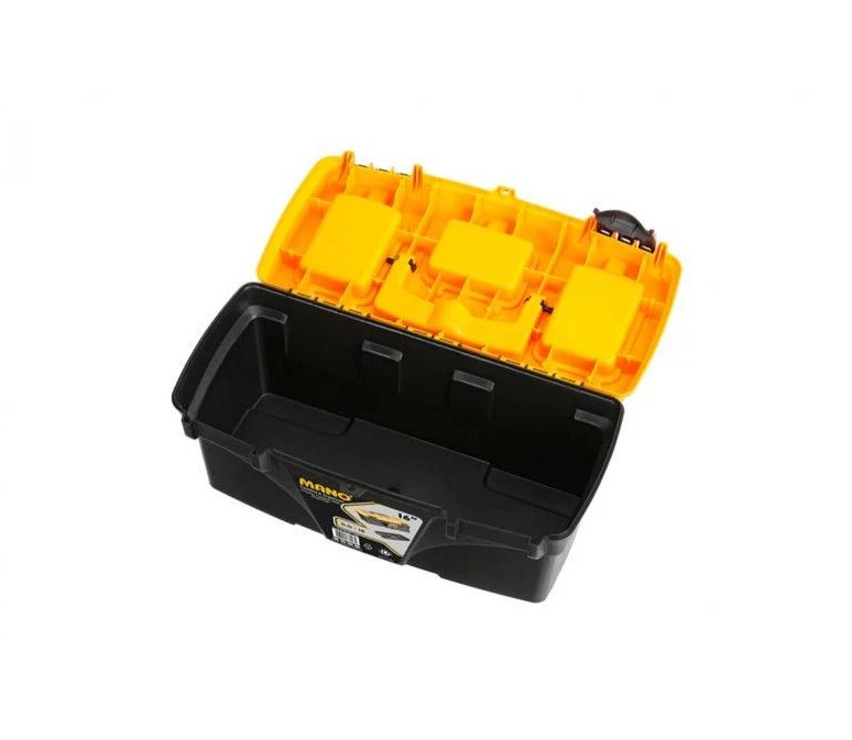 Plastic Tool Box With Top Compartments, 16 Inches, Size 410×209×195 Mm, Brand: Mano, Made In Turkey.