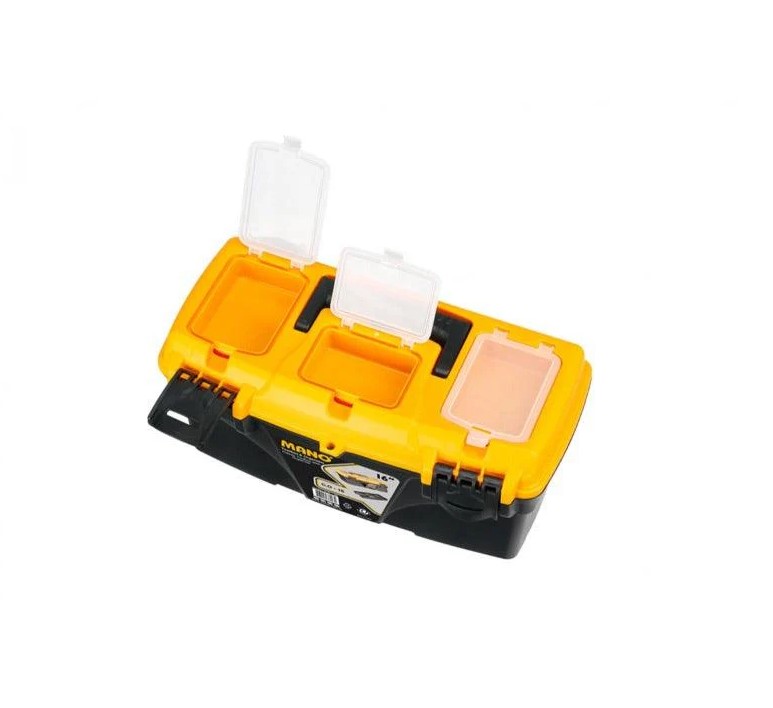 Plastic Tool Box With Top Compartments, 16 Inches, Size 410×209×195 Mm, Brand: Mano, Made In Turkey.