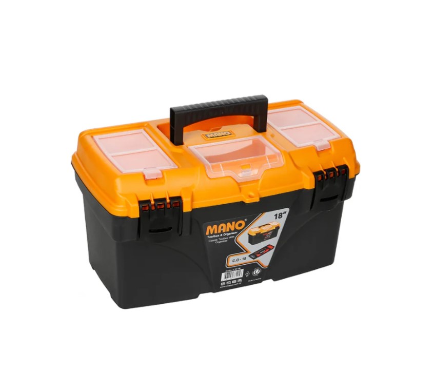 Plastic Tool Box With Top Compartments, 18 Inches, Size 432×250×238 Mm, Brand: Mano, Made In Turkey.
