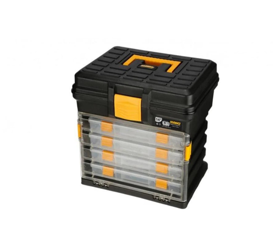 شنطة عدة بلاستيك مع اربعة حوافظ داخلي متحرك 14 بوصة مقاس 340×272×341 مم ماركة مانو صناعة تركي