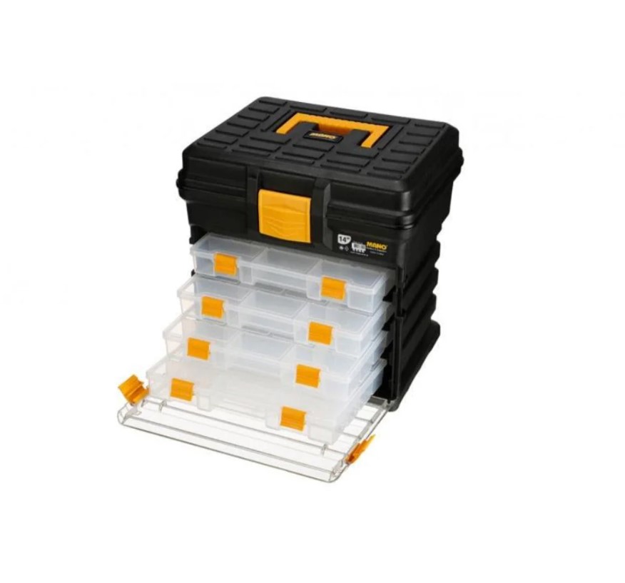 Plastic Tool Box With Four Movable Inner Compartments, 14 Inches, Size 340×272×341 Mm, Brand: Mano, Made In Turkey.
