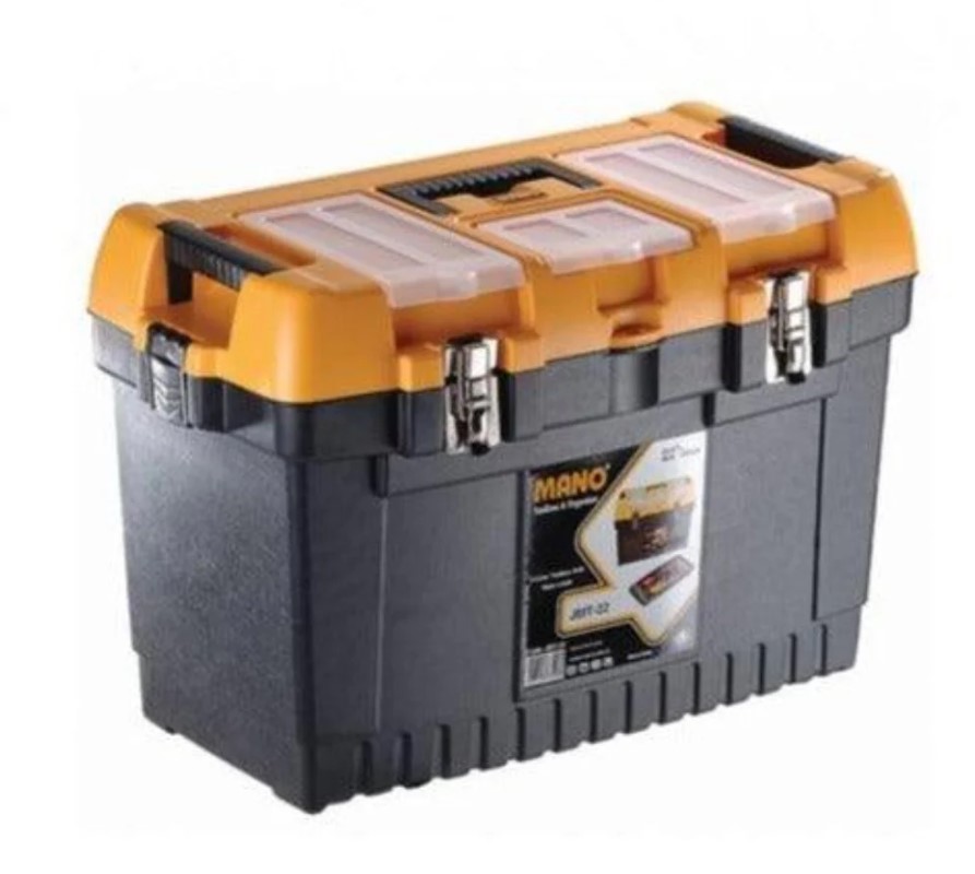 Jumbo Plastic Tool Box With Metal Lock And Top Compartments, 22 Inches, Size 564×310×388 Mm, Brand: Mano, Made In Turkey.