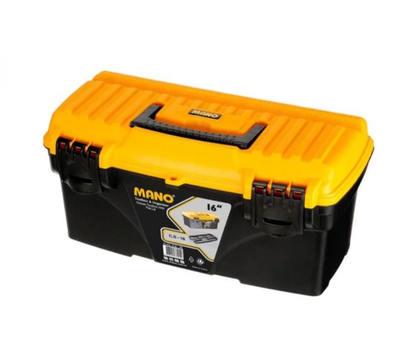 Plastic Tool Box, 16 Inches, Size 410×209×195 Mm, Brand: Mano, Made In Turkey.