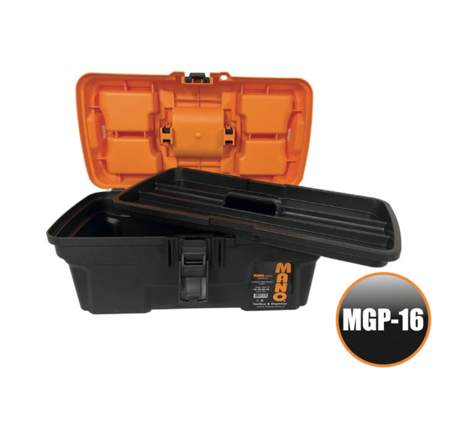 Heavy-duty Plastic Tool Box With Plastic Lock And Top Compartments, 19 Inches, Size 494×263×250 Mm, Brand: Mano, Made In Turkey.
