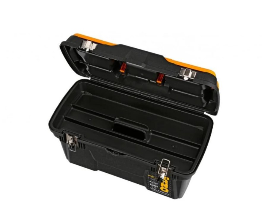 Heavy-duty Plastic Tool Box With Metal Lock And Top Compartments, 19 Inches, Size 263×494×250 Mm, Brand: Mano, Made In Turkey.
