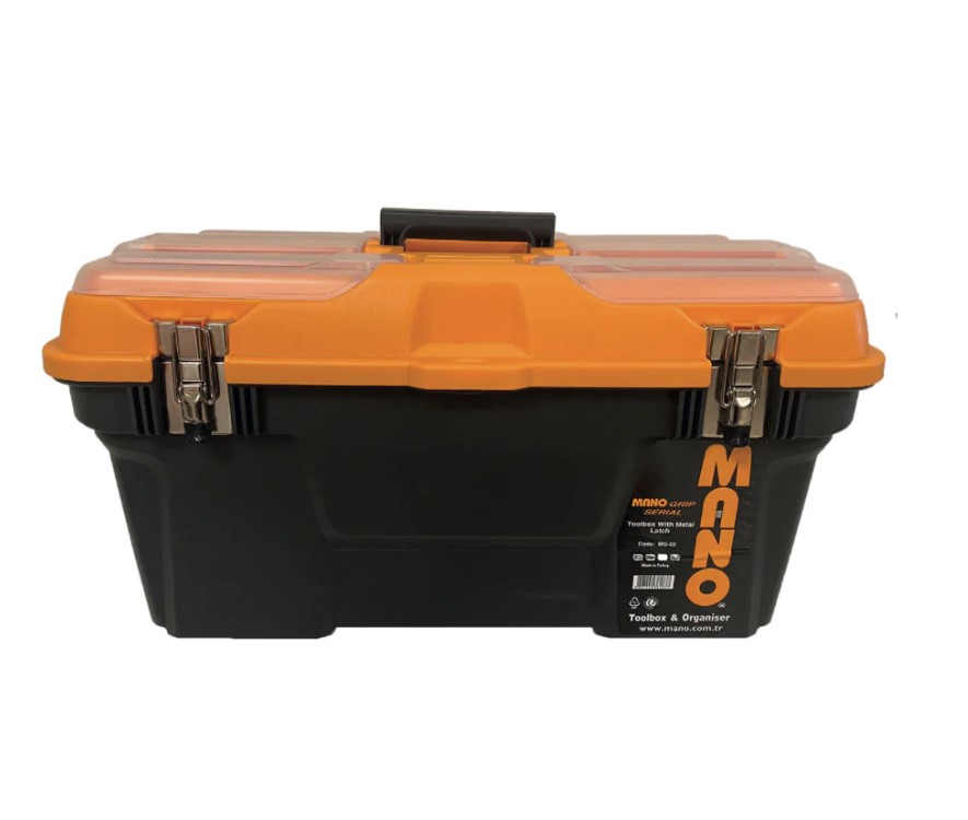 Heavy-duty Plastic Tool Box With Plastic Lock And Top Compartments, 13 Inches, Size 334×187×147 Mm, Brand: Mano, Made In Turkey.