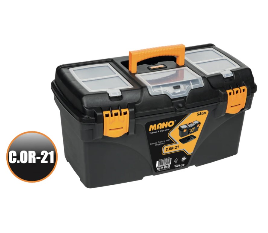 Black Plastic Tool Box With Top Compartments, 21 Inches, Size 533×291×272 Mm, Brand: Mano, Made In Turkey.