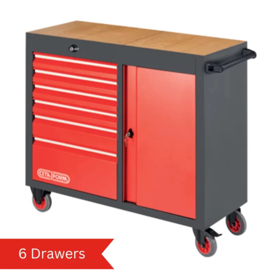Heavy-Duty Wooden Top Tool Trolley – 6 Super Drawers With Side Tool Holder, Turkish Ceta Form – Model A01-06WW