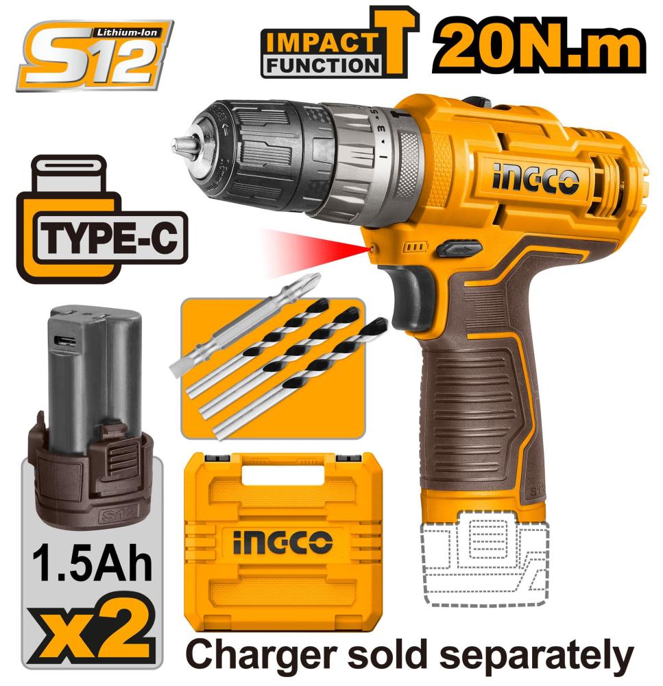 Cordless Impact Drill 12V+ 2 Battary INGCO