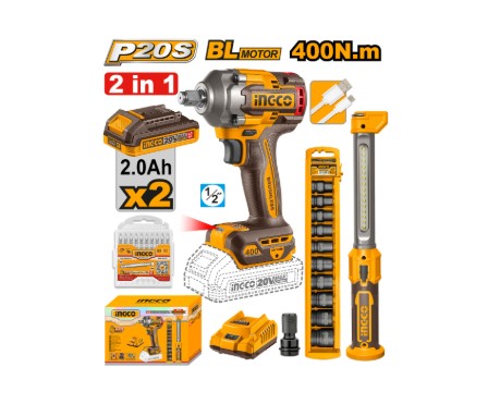 Cordless 2 Pcs Combo Kit (impact Wrench + Working Lamb) INGCO