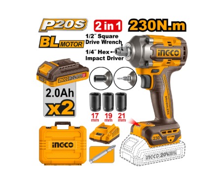 Cordless Impact Driver&wrench 20 V + 1/2" INGCO