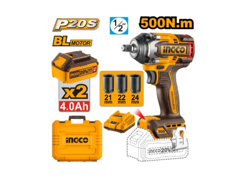 Cordless Impact Wrench 20 V 1/2" 500 N.M Ingco