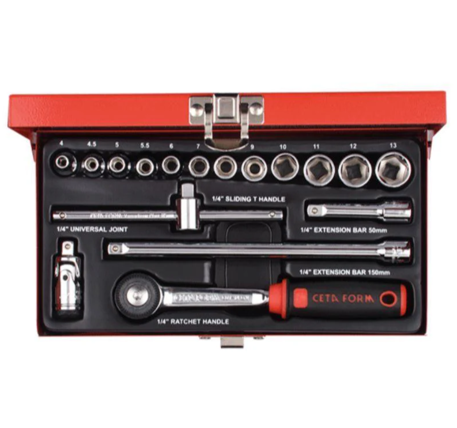 17-Piece 1/4'' Socket Set With Screwdriver And Bits In Metal Case – Ceta Form, Made In Turkey, Model: C00-17MH4