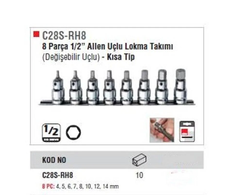 1/2 Inch Hex Bit Socket Set, Sizes 4 To 14 Mm, Model C28S-RH8, Cetaform Turkish