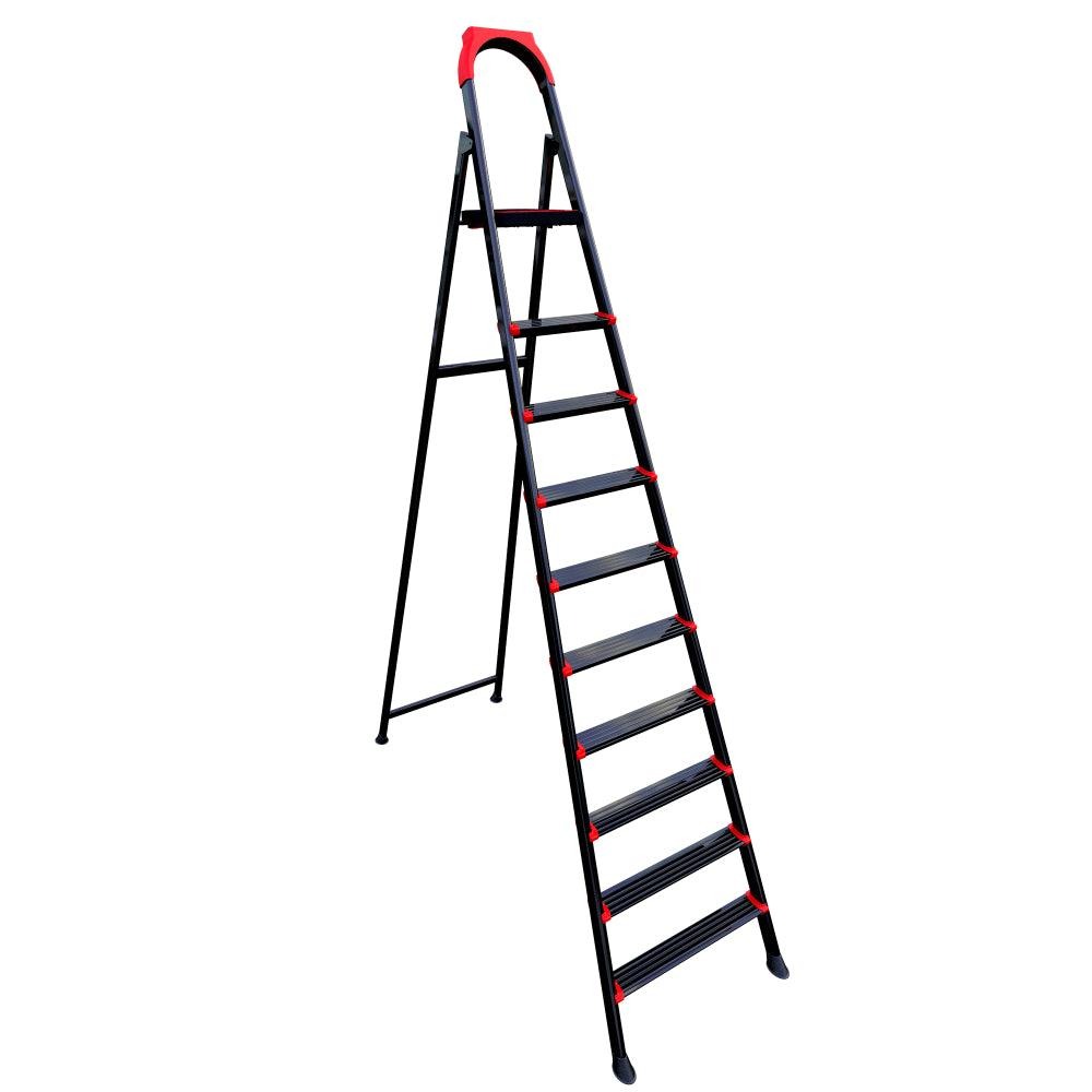 Metal Ladder, 9 Steps, 2.25 Meters, Wide D-shaped Design, With Strong Plastic Platform And Anti-slip Bases, 200 Kg Load Capacity, Turkish-made.