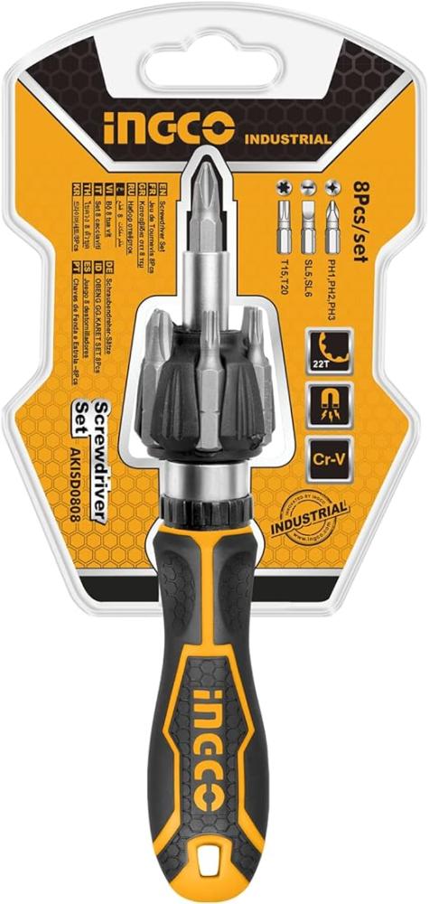 8 Pcs Ratchet Screwdriver Set  Include: 1pcs High Quality Ratchet Handle(INGCO New Design)  7pcs 25mm Screwdriver Bits SL5,SL6,PH1,PH2,PH3,T15,T20  Pa