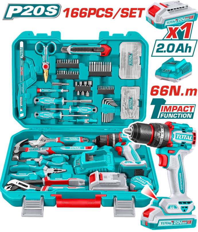 Total 66Nm Drill + Hand Tools Set – 166 Pieces