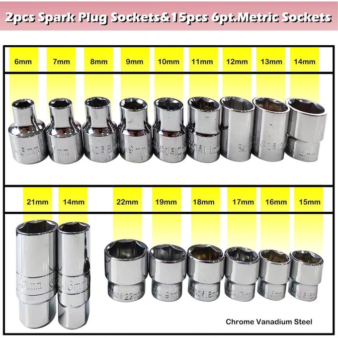 22 Pcs 3/8” Dr. Socket Wrench Set, Professional CRV SAE & Metric Sockets, Quick-Release Ratchet, Universal Joint, Extension Bars, Premium Carry Tool C