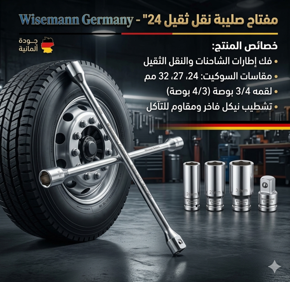 24" Heavy Duty Nickel-Plated Cross Lug Wrench For Truck Tires (Sizes: 24-27-32 Mm + 3/4" Socket)