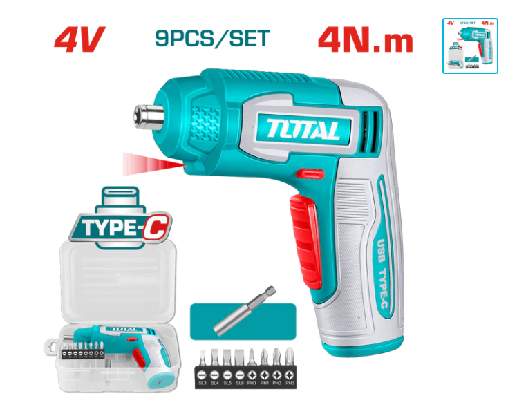 TOTAL Tools 4V Cordless Screwdriver + 8 Bits – Without Charger