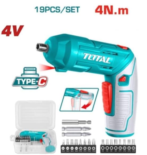 TOTAL Tools 4V Cordless Screwdriver + 19 Bits – Without Charger