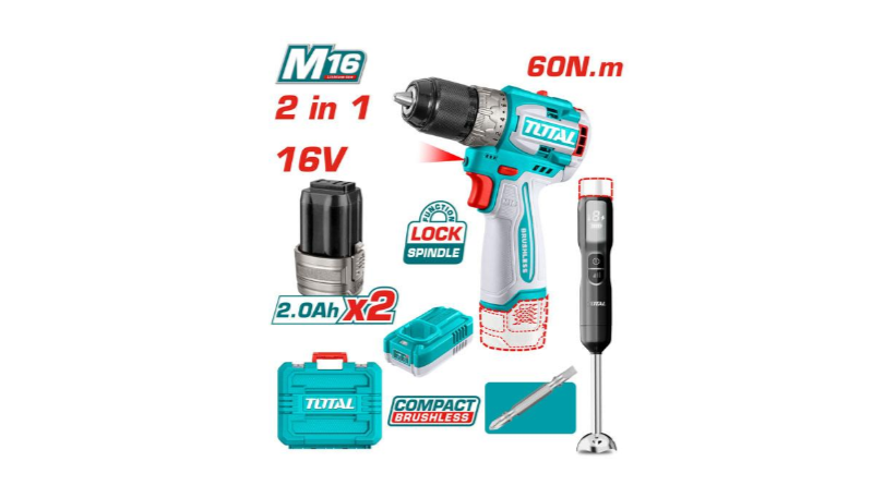 TOTAL Combo Kit – 16V Cordless Drill Driver (60 Nm) With 2 Batteries + Hand Blender