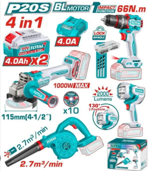 TOTAL Drill, Angle Grinder, Work Light & Blower Combo Kit With 2 Battery 4Ah And Charger