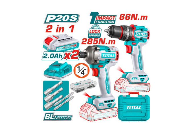 TOTAL TCKLI20277 20V Brushless Cordless Impact Drill & Impact Driver Combo Kit