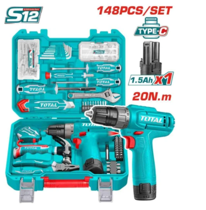 TOTAL – 148 Pcs Tool Set With 12V Cordless Drill