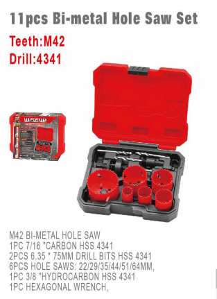 11pcs Bi-Metal Hole Saw Set WISEUP 22-64 Mm  Teeth: M42 | Drill: 4341