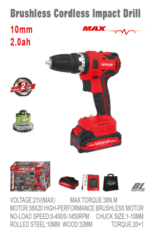 WISEUP Cordless Drill 10 Mm 21V / 2.0Ah
