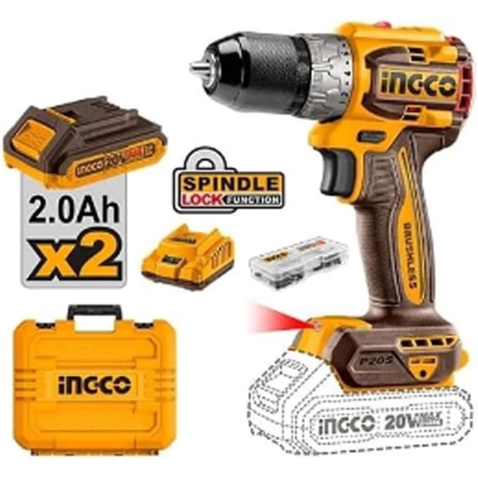 Ingco Cordless Impact Drill Machine, Brushless Motor, 66Nm, 22+1+1, 30000 Bpm, With 2 Pcs Battery & Charger, 47 Pcs Drill Bits, Multicolor