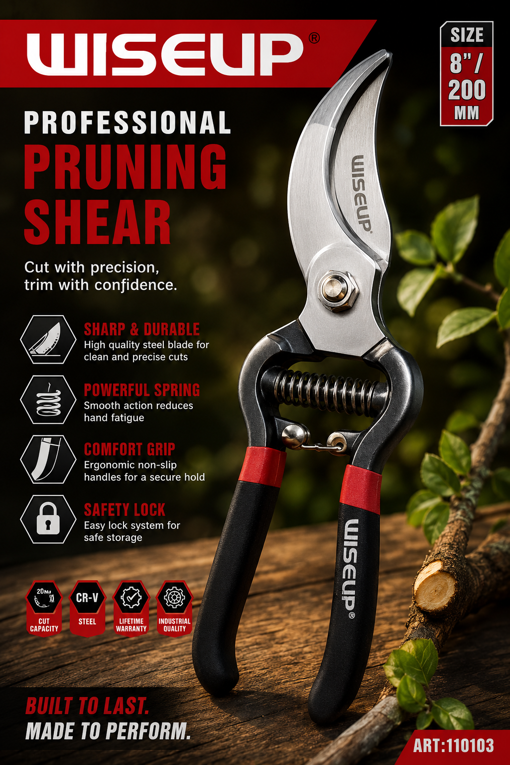 Garden Pruning Shear Bypass Pattern 200mm or 8 Inch Dipped Handle
