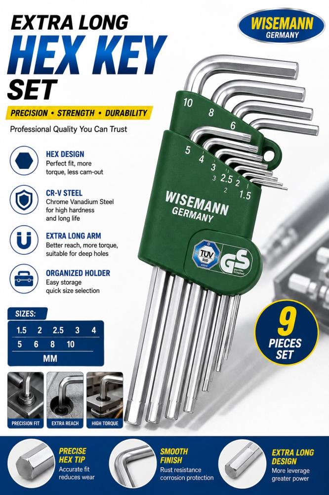 Extra Long Hex Key Set - Metric Set - 9 Pcs (1.5 : 10)