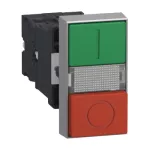 Illuminated Double-headed Push-button, Easy Harmony XA2, Plastic, 22mm, 1 Green Flush I + 1 Light + ...
