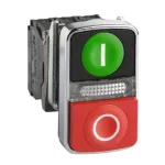 Illuminated Double-headed Push Button, Metal, Ø22, 1 Green Flush I + 1 Pilot Light + 1 Red Projectin...