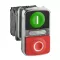Illuminated Double-headed Push Button, Metal, Ø22, 1 Green Flush I + 1 Pilot Light + 1 Red Projecting O, 240 V AC, 1 NO + 1 NC